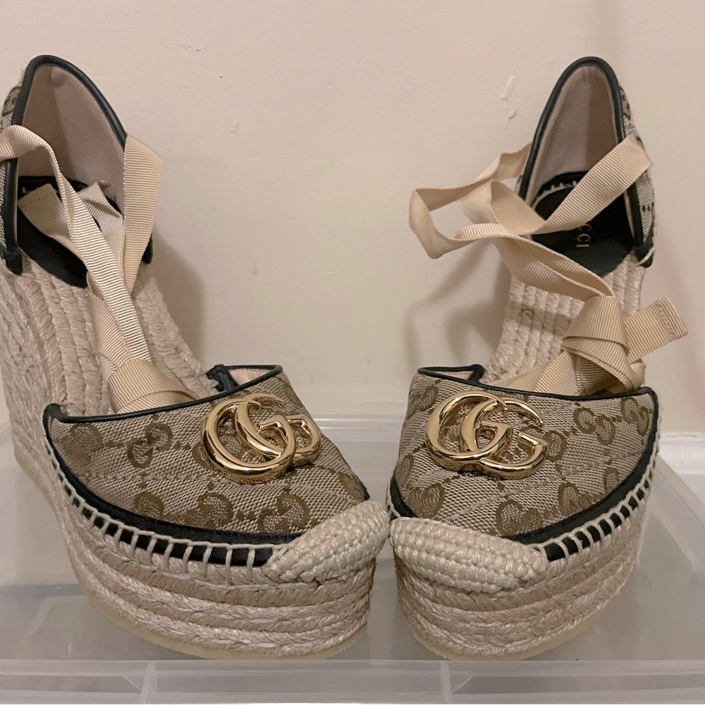 Gucci Beige Brown Monogram Espadrille Wedge Sandals with Gold GG
